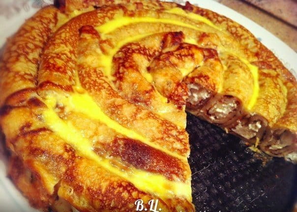 Блинный пирог с творожной начинкой
